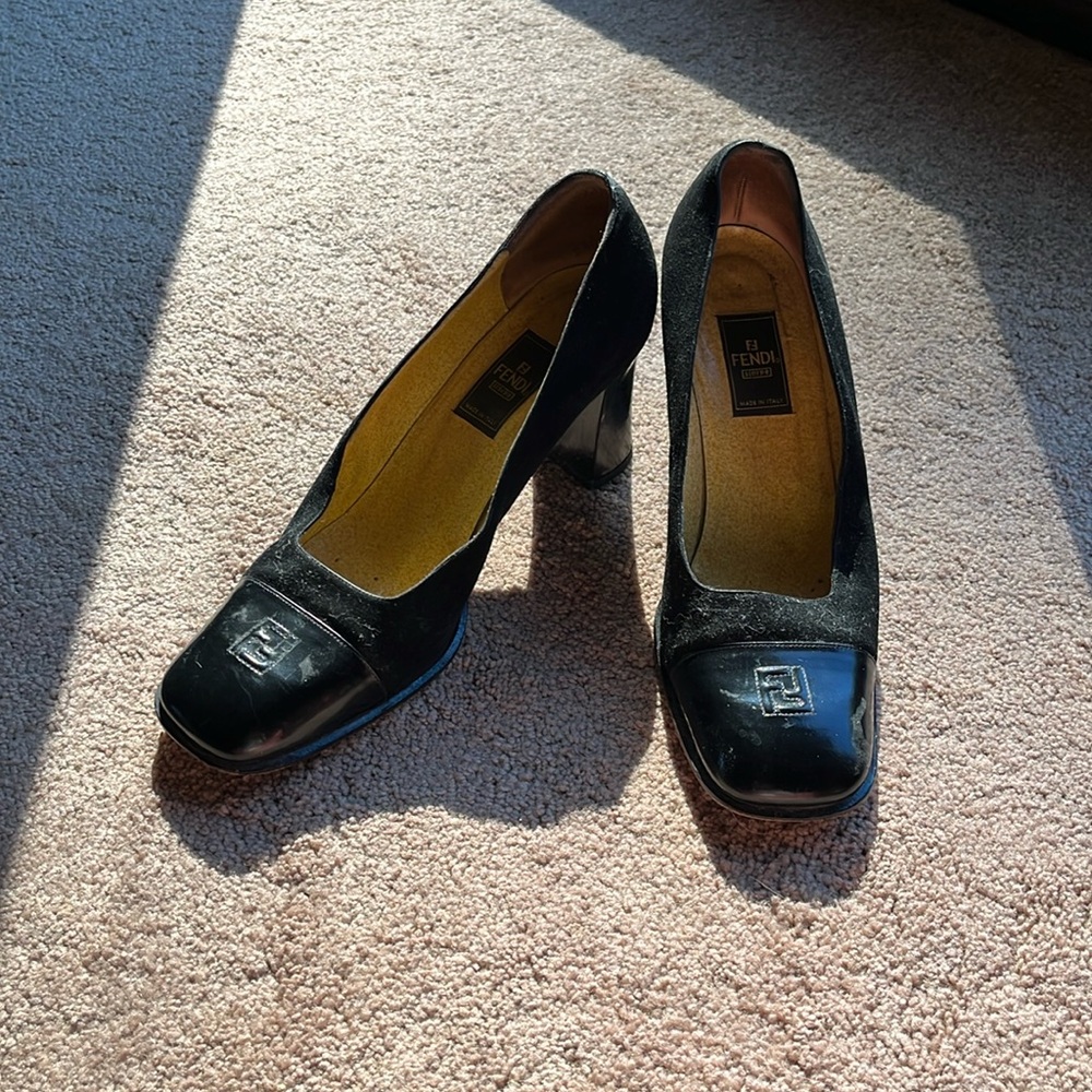 Fendi Black Suede and Leather Cap Toe Pumps